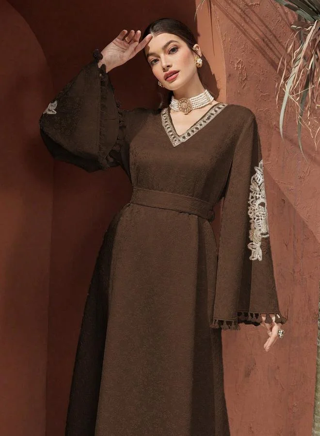 Take Two Coffee Brown Women Jacquard Jalabiya with Tassel Trim for Women | Best Price UAE